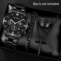 Men's black business quartz watch set with cross necklace and curb chain jewelry - Black Silver Set (No Box)