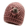 Cappello invernale caldo in maglia da donna con fiore decorativo e pompon di pelliccia - Rosa Antico