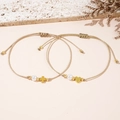 Set of two handmade champagne braided rope bracelets with gold cross and heart charms - Woven Rope 2-Piece Set A
