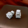 Macro shot of silver square zircon stud earrings with micro-pave crystals on metal base - Silver (925 Sterling Silver Earring Post)