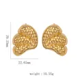 Detailed view of large gold quilted heart stud earrings with exact size measurements - Quilted Pattern Heart Studs