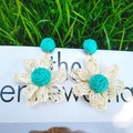 Handmade woven daisy earrings in turquoise and beige raffia with a bohemian design - Lake Blue Handmade Woven Petal Drop Earrings