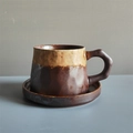 Vintage Japanese ceramic coffee cup and saucer set in rustic brown and beige tones - Kiln-fired Coffee - Coffee Cup + Saucer 310ml / Universal