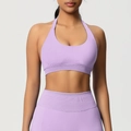 Détail d'ensemble de sport côtelé lavande avec soutien-gorge licou et legging taille haute - Violet Clair