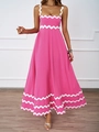 Detail of elegant scalloped white trim on a pink summer maxi dress with thin straps - Pink With White Scalloped Trim