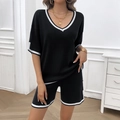 Women's black V-neck short sleeve knitwear set with white contrast piping and shorts - S / Black