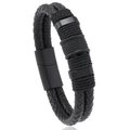Close-up of double-layered black braided leather bracelet with magnetic metal clasp - Black