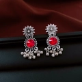 Detailed close-up of retro silver flower earrings with red crystal and metallic tassels - Earrings (Silver Earring Post-Silver-Red)