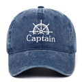 Vintage washed navy blue baseball cap with white Captain embroidery and ship wheel - Adjustable / Navy Blue