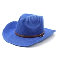 Detail eines blauen Stroh-Cowboyhuts mit braunem Lederband und silberner Metallschnalle - M / Blau