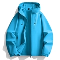 Waterproof hooded windbreaker jacket in sky blue with zipper pockets and velcro cuffs - Glacier Blue
