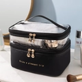 Black double-layer makeup bag with transparent PVC top and golden zipper for travel - Black