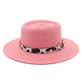 Pink flat top straw sun hat with cow print band and silver buckle on white background - M (56-58cm) / Dusky Pink