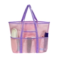 Pink and purple mesh beach bag with multiple pockets for outdoor toy storage - Pink with Purple Strap Beach Bath Bag 60x40x20cm