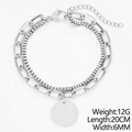 Silver double-layer titanium steel bracelet featuring a round disc pendant and layered chains - Silver Double Layer Chain Bracelet With Round Pendant / Steel Color (KB180594-Z)