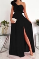 Detail eines schwarzen One-Shoulder-Kleids mit Volant-Ausschnitt und hohem Beinschlitz - S / Schwarz