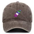 Close-up of bottle embroidery on vintage washed cotton baseball cap with curved brim - Coffee