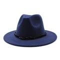 Classic dark blue wide brim wool fedora hat with a black woven leather decorative band - Navy Blue