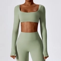 Ensemble yoga vert sauge avec haut court à manches longues et legging taille haute - Vert Haricot