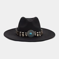 Detail of bohemian beaded band with turquoise stone on black wide brim fedora hat - Large Carved Turquoise Metal Buckle (Color #7)