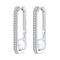 Boucles d'oreilles en argent 925 avec perles blanches et zircons scintillants sertis - Créole Carrée de Base avec Incrustation de Perles 4149