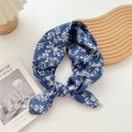 Blue cotton linen square scarf featuring white leaf print and delicate lace borders - Dark Blue Long Branch