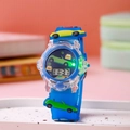 Blue kids digital watch with cartoon car patterns and green glowing LED display - Blue