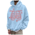 Light blue street-style hoodie featuring red skeleton rib and star print with drawstrings - S / Tops / Light Blue