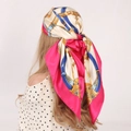 Pink and beige satin scarf with vintage buckle print styled as an elegant headscarf - 90*90cm / Chain Pink Green
