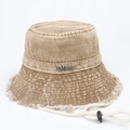 Cappello da pescatore in denim lavato kaki vintage con bordi sfrangiati e laccio - M (56-58cm) / Cachi
