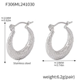 Silver stainless steel C-shaped earrings with hammered texture and size measurements - Silver