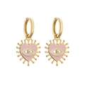 Detail of gold heart earrings with pink enamel and evil eye zircon inlay design - Pink Radiant Heart