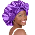 Purple satin hair bonnet for women featuring a large decorative bow and silk-like finish - Large / Dark Purple