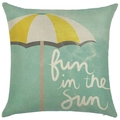 Blue linen cushion cover featuring a yellow striped sun umbrella and Fun in the Sun text - Style YD502-18 (Sun Fun) / 45*45cm (No Insert)