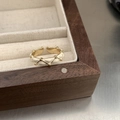 Adjustable golden ring with white enamel butterfly and gold bead on beige lining - White Enamel Gold Bead