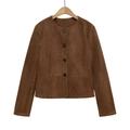 Chaqueta corta marrón de ante sintético para mujer con cuello redondo y botones negros - XS / Camel