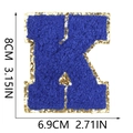 Detail showing royal blue and gold chenille letter K patch with size dimensions in cm and inches - Letter K