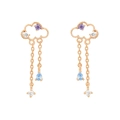 Detail of cloud-shaped gold earrings with purple gemstones and blue teardrop tassels - Cloud Tassel Drop Earrings (EH00540)