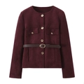 Burgundy faux suede blazer with gold buttons and dark brown belt on white background - XS / Reddish Brown