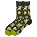 Black mid-calf socks with colorful bird patterns and lime green accents on a white background - 38-46 / Black Floral (1015C)