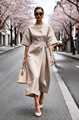 Outdoor street shot of a beige linen dress featuring kimono sleeves and a tied waist belt - S / Khaki