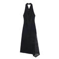 Elegantes schwarzes Samt-Midikleid mit Neckholder und Spitzenbesatz auf weißem Grund - XS / Schwarz