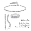 Three-piece rhinestone set with choker necklace, wide bracelet, and fringe earrings - Silver 3-Piece Set