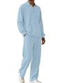 Detail of light blue waffle knit texture on men's polo shirt and trousers set - S / Light Blue