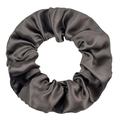 Macro view of dark charcoal grey satin scrunchie showing fine fabric texture and sheen - Dark Gray