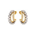 Detail view of C-shaped earrings with rows of clear zircon stones and white pearls - Pearl + White Zirconia / Gold/White