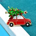 Christmas car brooch with green tree and red rhinestones on vintage gold alloy - Christmas Car