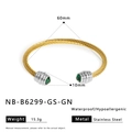Detail view of gold twisted cable bangle with green stones and stainless steel texture - Gold Silver Two-Tone With Green Zirconia (NB-B6299-GS-GN)
