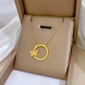 Gold titanium steel necklace with elegant butterfly and ring pendant in a jewelry gift box - Circle Butterfly Combo Gold (N123)