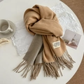Two-tone camel and grey thick pashmina scarf with fringe and minimalist brand label - 200cm / Apricot Grey